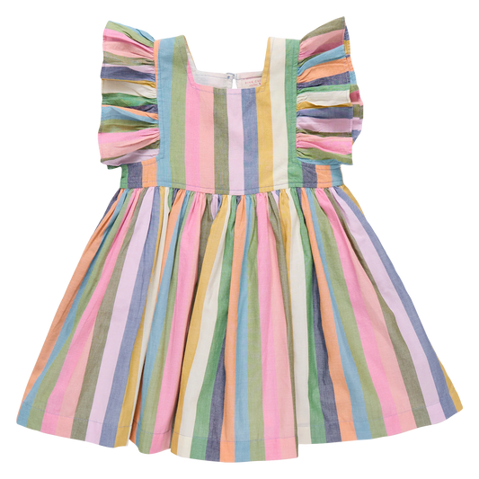 Colorful striped dress with ruffle sleeves