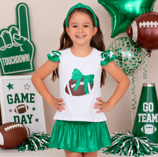 Green and White Game Day Shirt with Sequin Football.