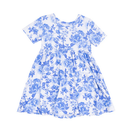 Short Sleeve Twirl Dress// Roses in Blue