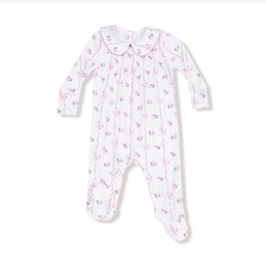 Dainty Buds and Bows Stripe- Smocked Peter Pan Snap Footie
