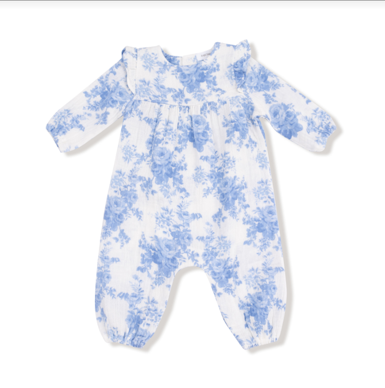 Dream Cottage Floral Blue- Ruffle Sleeve Romper
