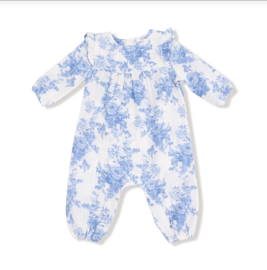 Dream Cottage Floral Blue- Ruffle Sleeve Romper