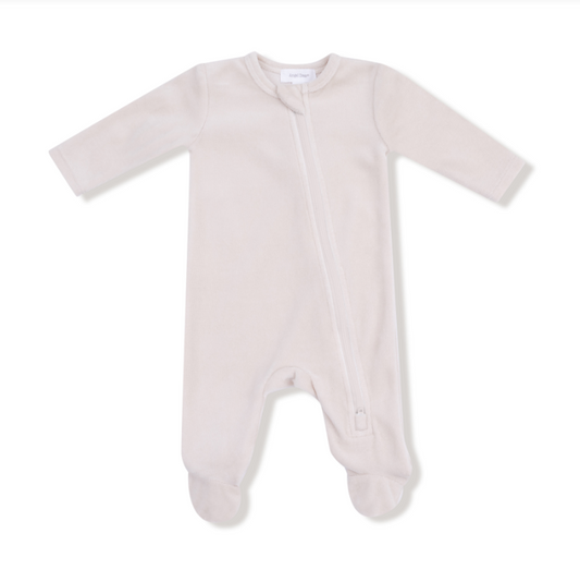 Velour Teddy Bear- 2 Way Zipper Footie // Oatmilk