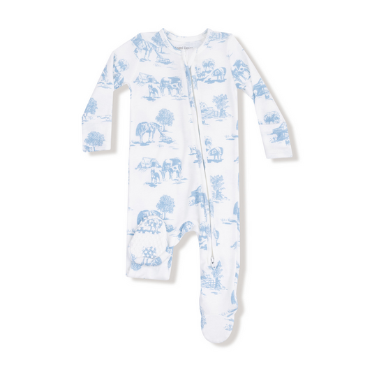 Farm Toile// Blue 2 Way Zipper Footie