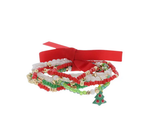 Set of colorful beaded bracelets with a red ribbon