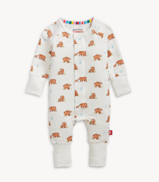 Baby onesie with bear pattern on a white background