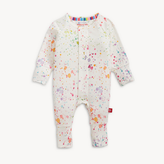 Baby onesie with colorful animal prints on a white background