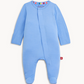 Blue baby onesie with footies on a white background