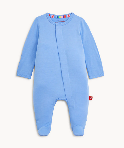 Blue baby onesie with footies on a white background