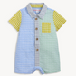 Colorful checkered baby romper with a collar on a white background