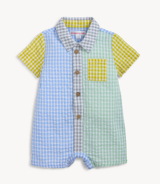 Colorful checkered baby romper with a collar on a white background