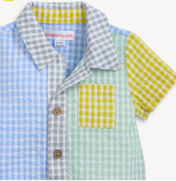 Multi Gingham Magnetic Boys Collar Romper