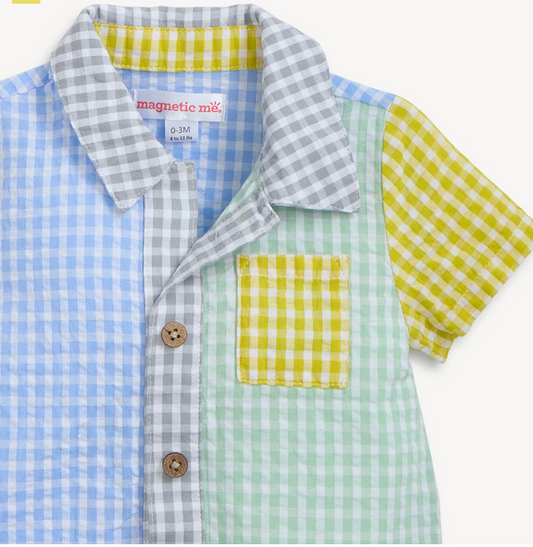 Multi Gingham Magnetic Boys Collar Romper