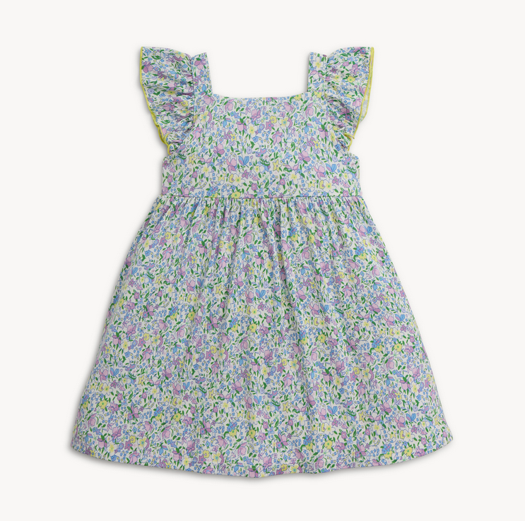 Floral dress with ruffled sleeves on a white background