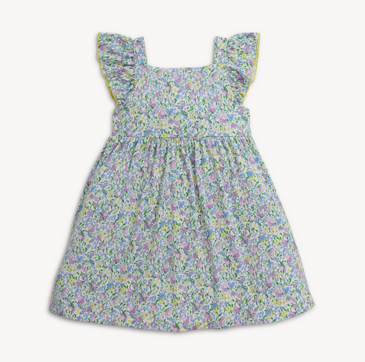 Floral dress with ruffled sleeves on a white background