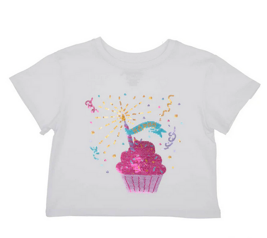 Bright sequin Boxy Tee with Cupcake and Birthday Banner