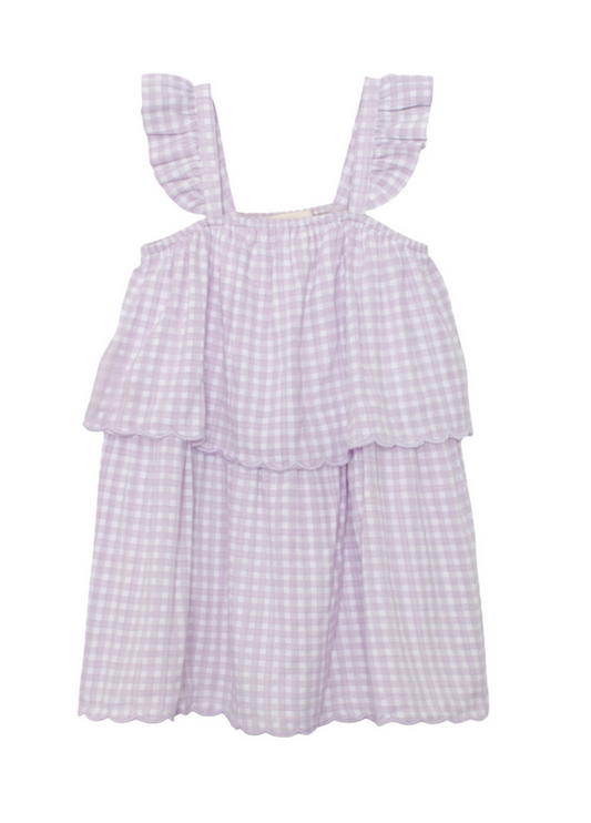 Purple gingham dress with ruffled straps 