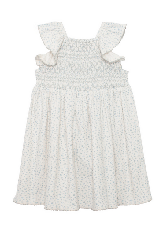 White dress with floral pattern and ruffled sleeves