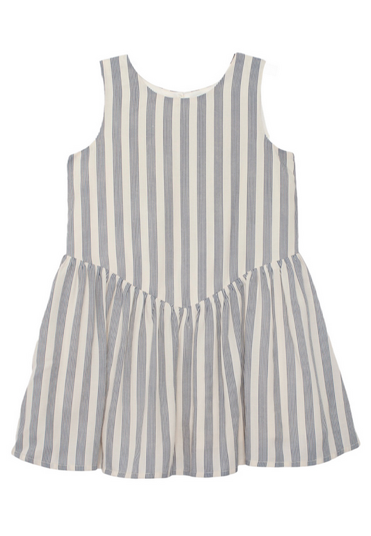 Striped dress with blue and white vertical stripes 