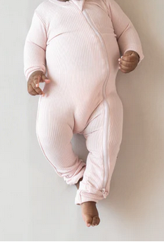 Ribbed Ruffle Zipper Footie // Blush