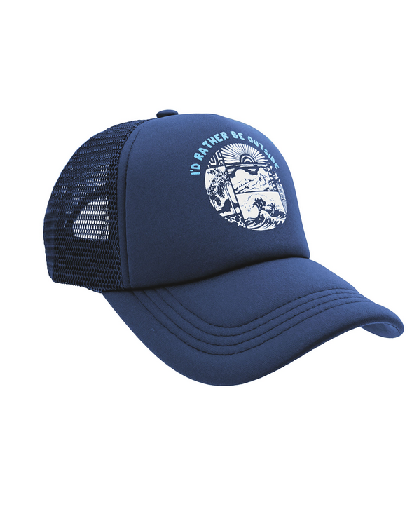 Navy trucker hat with outdoor graphics
