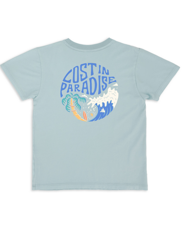 Light blue t-shirt with 'Lost in Paradise' graphic design 