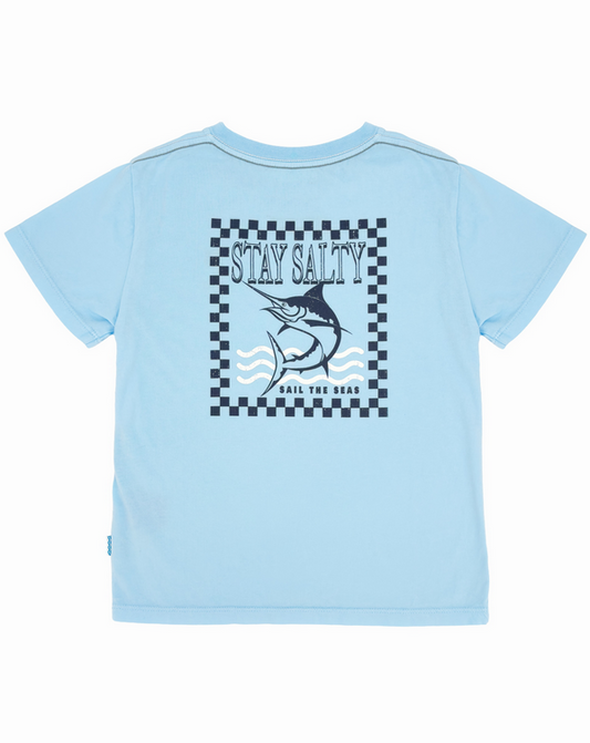 Light blue t-shirt with 'Stay Salty' graphic 