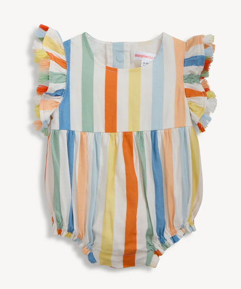 Colorful striped baby romper with ruffled sleeves