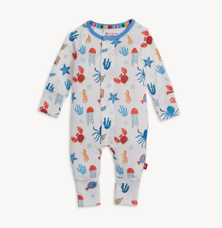 Baby onesie with colorful sea creature pattern 