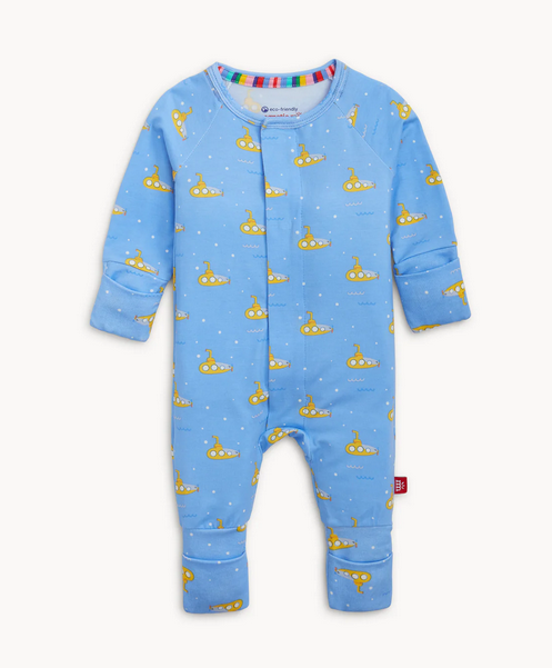 Blue baby onesie with yellow submarine pattern 