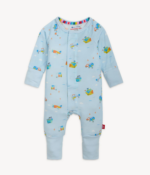 Light blue baby onesie with ocean vehicles