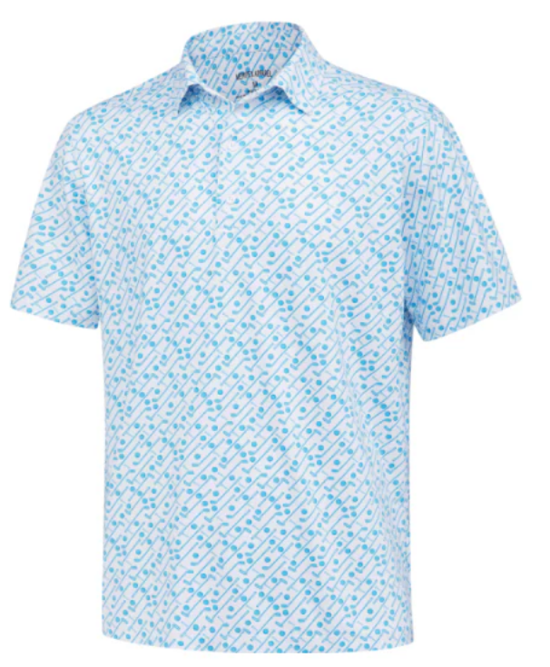 Short-sleeve shirt with a blue and white pattern .