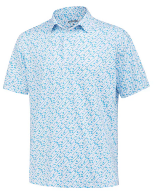 Short-sleeve shirt with a blue and white pattern .