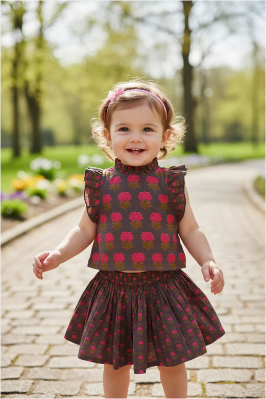 Child wearing a floral dress in a park setting