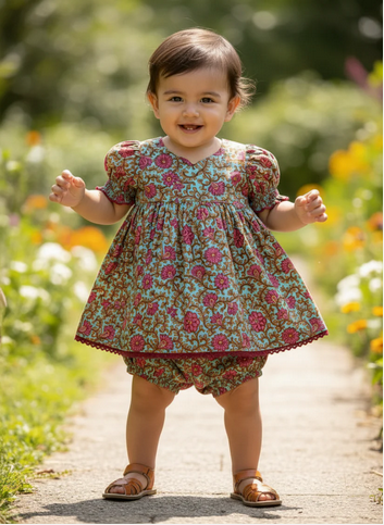 Child in a floral dress standing on a path with flowers and greenery in the background