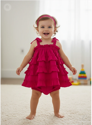 Child wearing a bright pink dress with ruffled layers indoors.