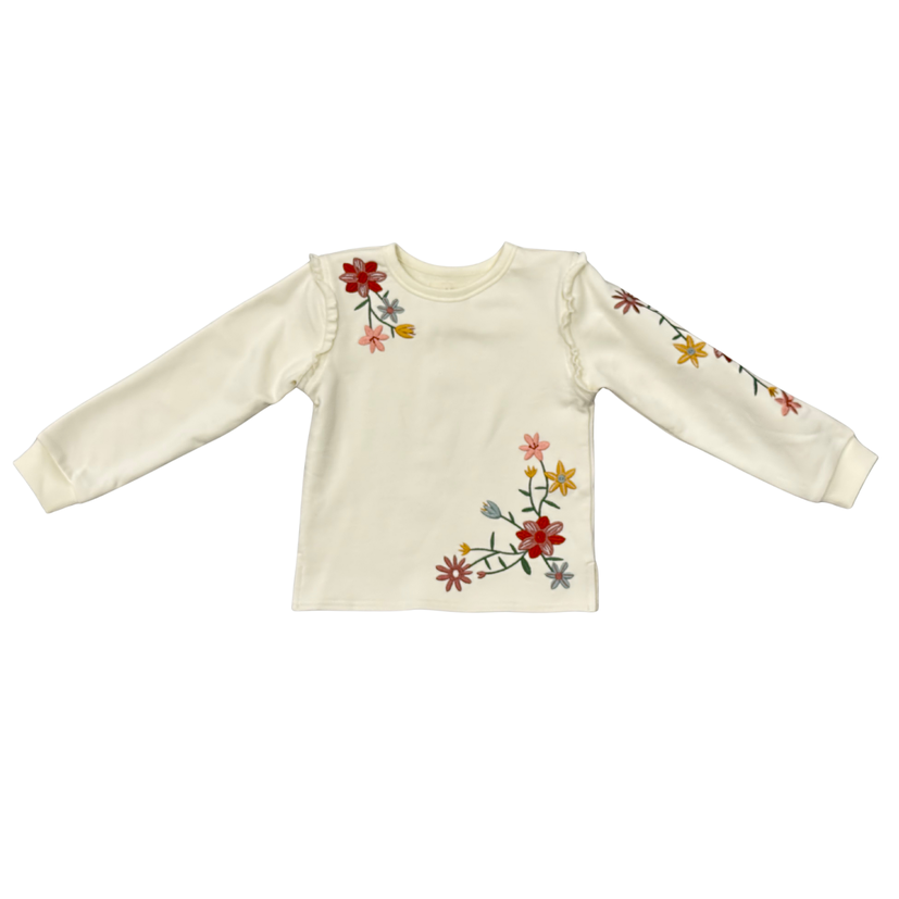 An off-white long-sleeve top with ruffled shoulders and colorful floral embroidery on the chest and sleeve, displayed flat against a white background.