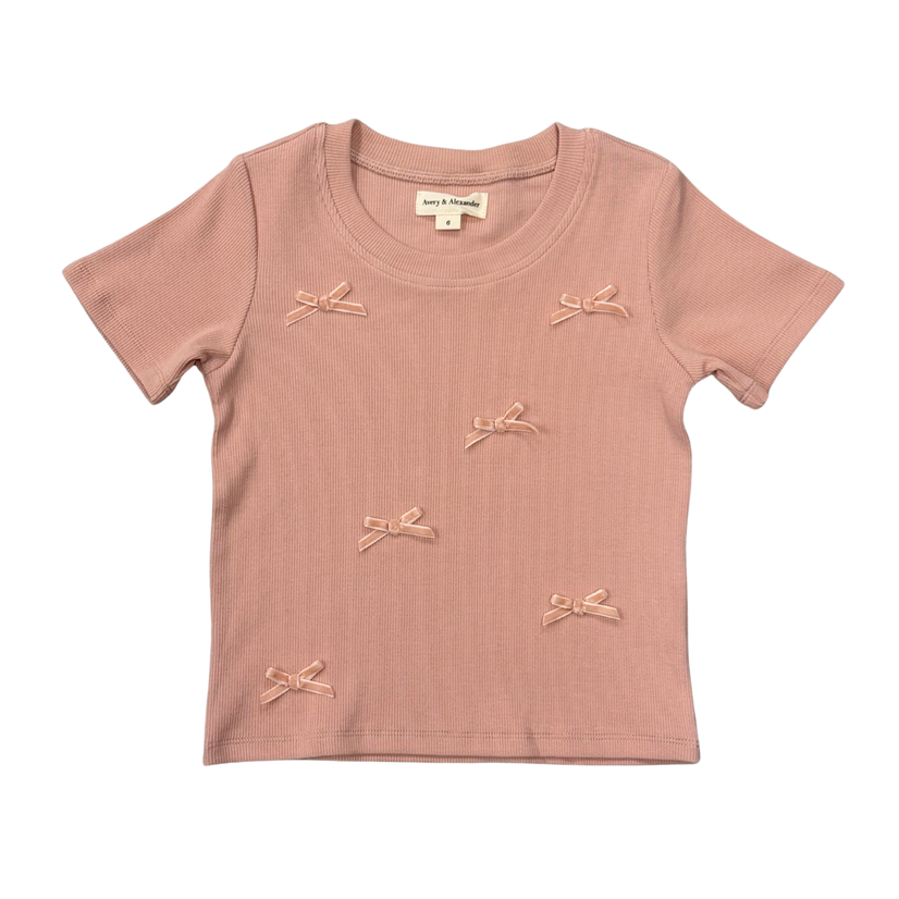 A dusty pink short-sleeve baby t-shirt with embroidered bow details on the front, displayed flat against a white background.