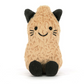 A beige plush cat toy with black ears, black eyes, whiskers, and feet, sitting against a plain white background.