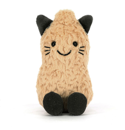 A beige plush cat toy with black ears, black eyes, whiskers, and feet, sitting against a plain white background.