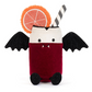 A cute plush toy shaped like a vampire drink can with bat wings, black feet, small vampire teeth, and a striped straw. It has an orange glittery grapefruit slice decoration on top, set against a plain white background.