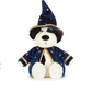 A plush dog toy dressed as a wizard, featuring a navy blue velvet robe with gold star patterns and trim, a matching pointed wizard hat, and a white plush face and paws.