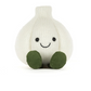 A knitted garlic plush toy in off-white with olive green feet and a simple black embroidered smiley face, photographed on a clean white background.