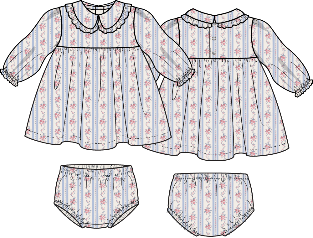 Anna Floral Stripe - Long Sleeve Peter Pan Ruffle Collar Dress And Bloomer