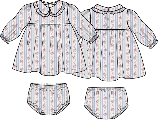 Anna Floral Stripe - Long Sleeve Peter Pan Ruffle Collar Dress And Bloomer
