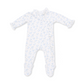 A baby long-sleeve footed sleeper in white with a light blue floral pattern, featuring ruffled trim on the collar and cuffs, laid flat on a white background.