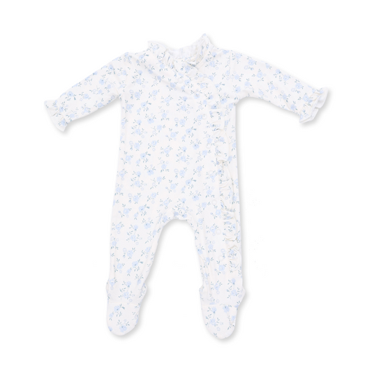 A baby long-sleeve footed sleeper in white with a light blue floral pattern, featuring ruffled trim on the collar and cuffs, laid flat on a white background.