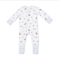 A white long-sleeve baby footless one-piece romper with a subtle vertical ribbed texture and an all-over print of ducks, fish, and small orange accents. The sleeves, crotch, and cuffs are solid white, and the foot cuffs feature a light blue dotted pattern.