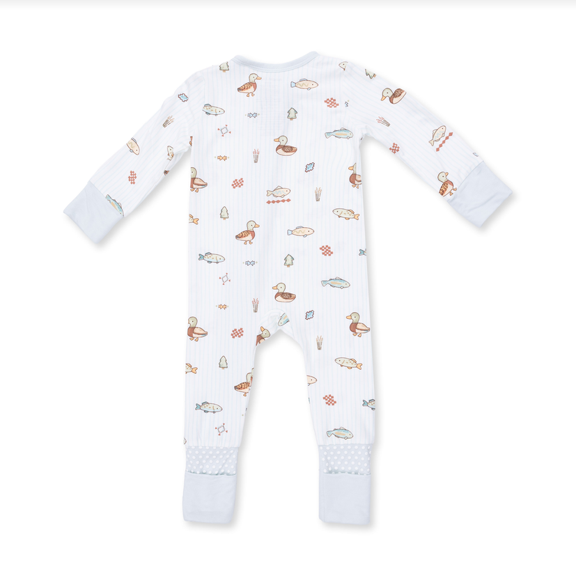 A white long-sleeve baby footless one-piece romper with a subtle vertical ribbed texture and an all-over print of ducks, fish, and small orange accents. The sleeves, crotch, and cuffs are solid white, and the foot cuffs feature a light blue dotted pattern.