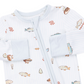 A baby long-sleeve sleep sack with a light blue and white stripe pattern, featuring a playful print of fish, ducks, and small brown accents, shown on a clean white background.